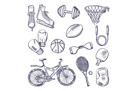 Illustrations of different sports fitness equipment. Vector doodle icons set, a Background Graphic by Onyx