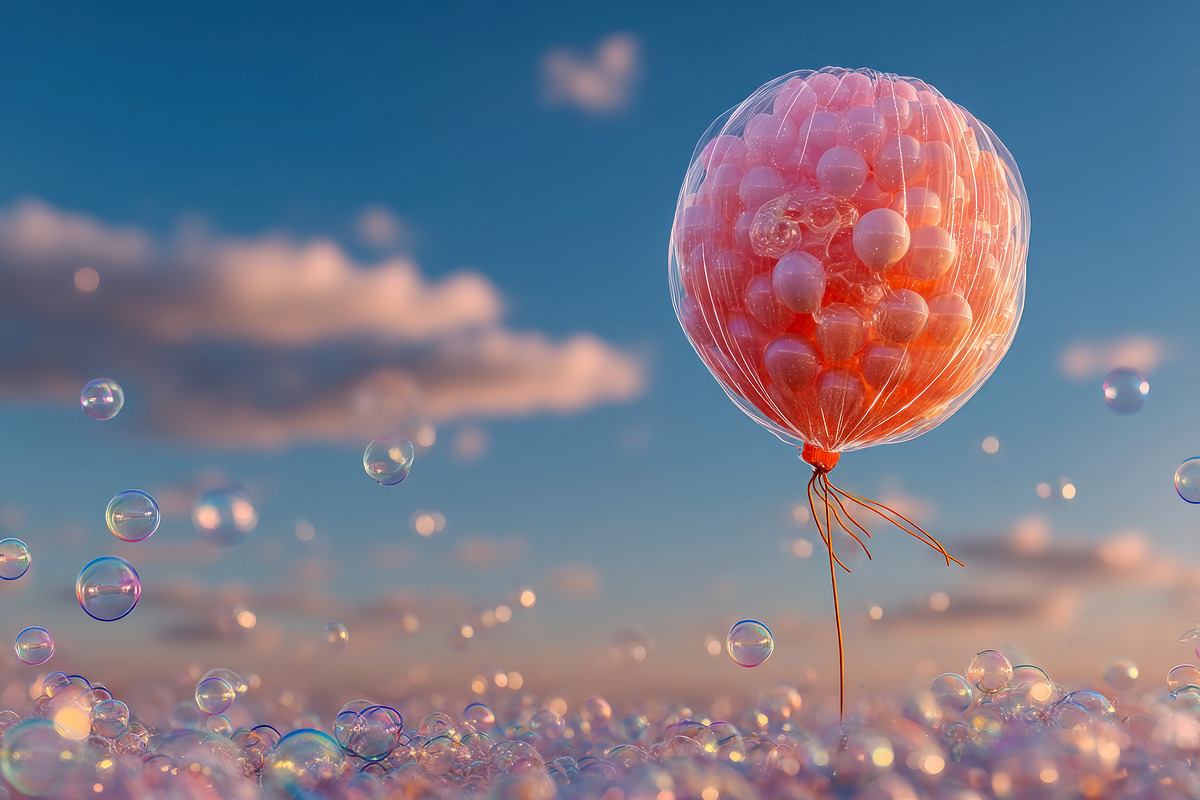 Surreal balloon made of clustered red spheres wrapped in plastic, a Decorative Illustration by José Manuel Gelpi