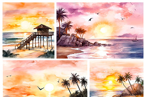 Watercolor Beach Sunsets Digital