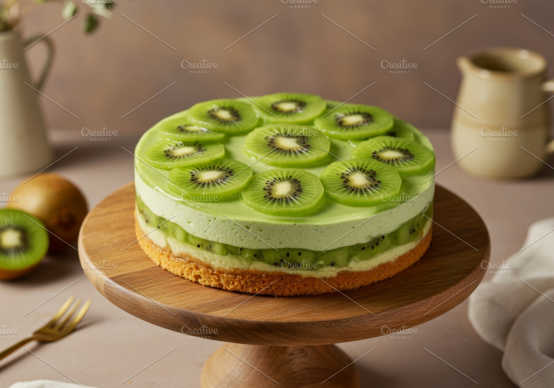 Elegant kiwi cheesecake on wooden st, a Food & Drink Photo by professorinc