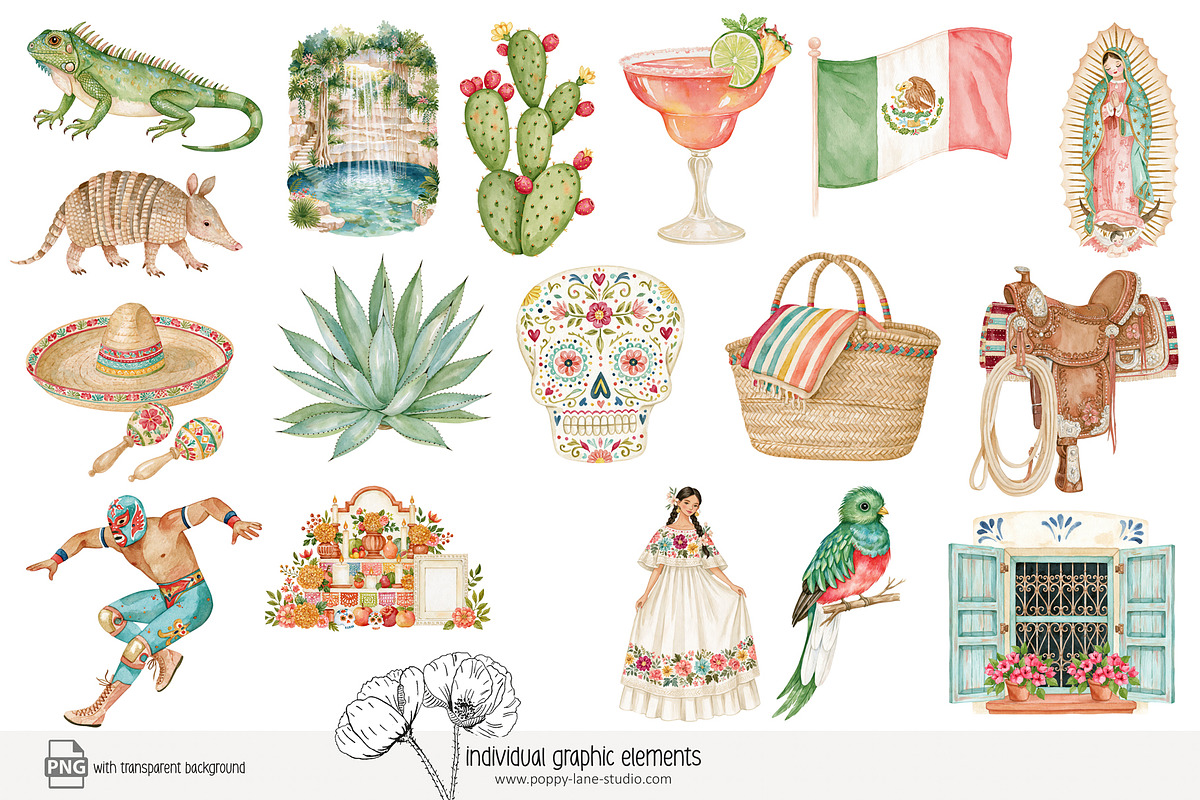140 watercolour Mexico clip art, a Person Illustration by Poppy Lane Studio