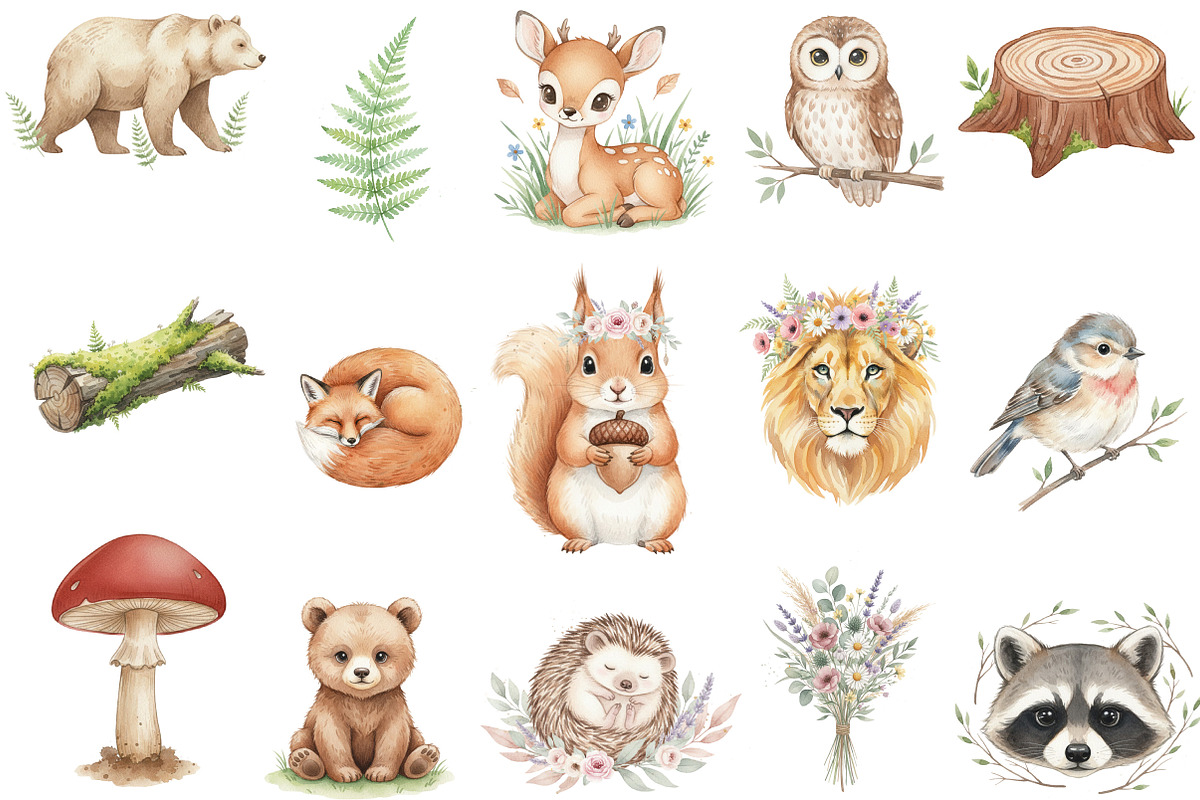 Watercolor Forest Woodland Clipart, an Illustration by Designking (Photo 3 of 5)