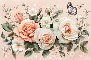 Elegant Roses Butterflies Pink Backg, a Photo by Pixeness Studio