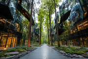 Modern ecological business buildings surrounded by lush green forest and nature, a Photo by AS photostudio (Thumbnail 1 of 2)