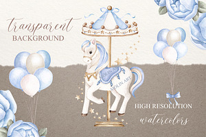 Carousel Watercolor Clipart Blue