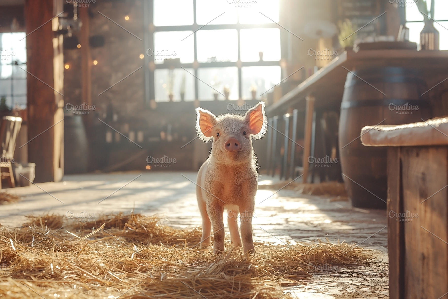 A playful young piglet stands in a rustic barn, illuminated by warm sunlight st, an Animal Photo by ImageMir