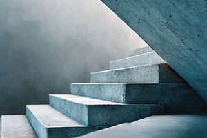 Concrete stairs leading to a minimalist structure with soft lighting, a Photo by AlyaAnd