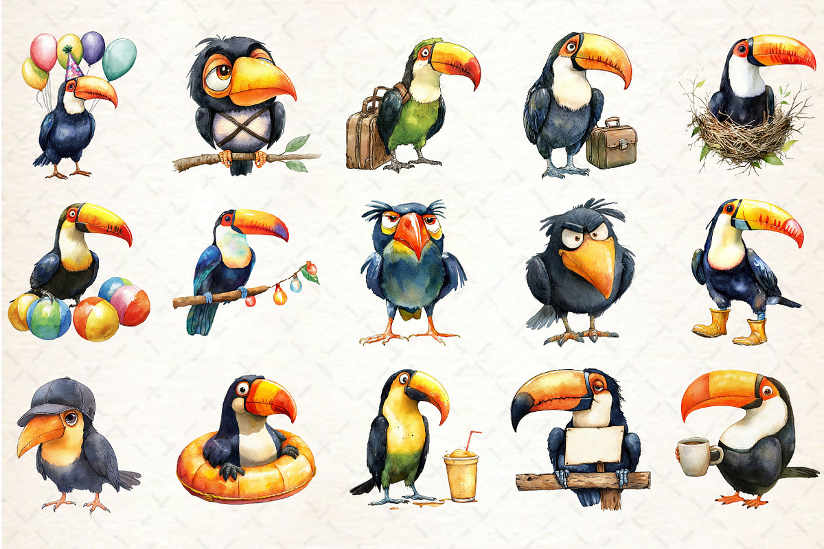 Grumpy Toucan Watercolor Clipart, an Illustration by Rose Art (Photo 7 of 7)
