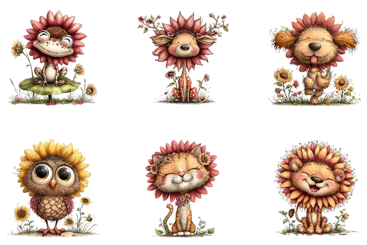 Summer Funny Sunflower Animals, a Seasonal Illustration by CreationArt (Photo 4 of 5)