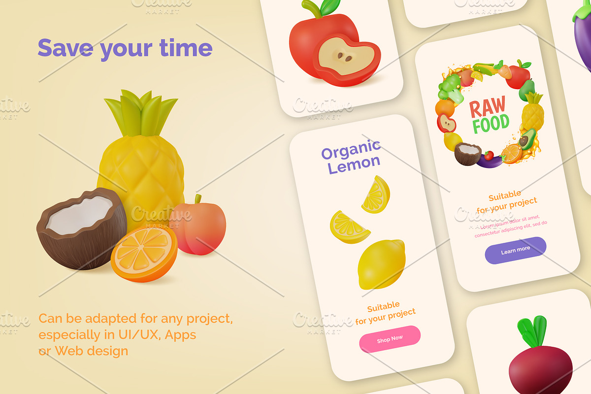 3d Vegetables and Fruits Vector Set, an Object 3D Model by 35lab (Photo 6 of 7)