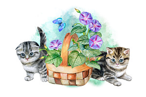 Cats And Kittens. Watercolor