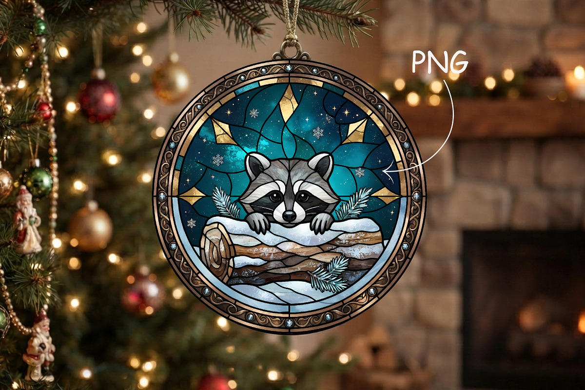 Stained Glass Raccoon Ornament Art, a Seasonal Illustration by CrexoraLab (Photo 1 of 3)