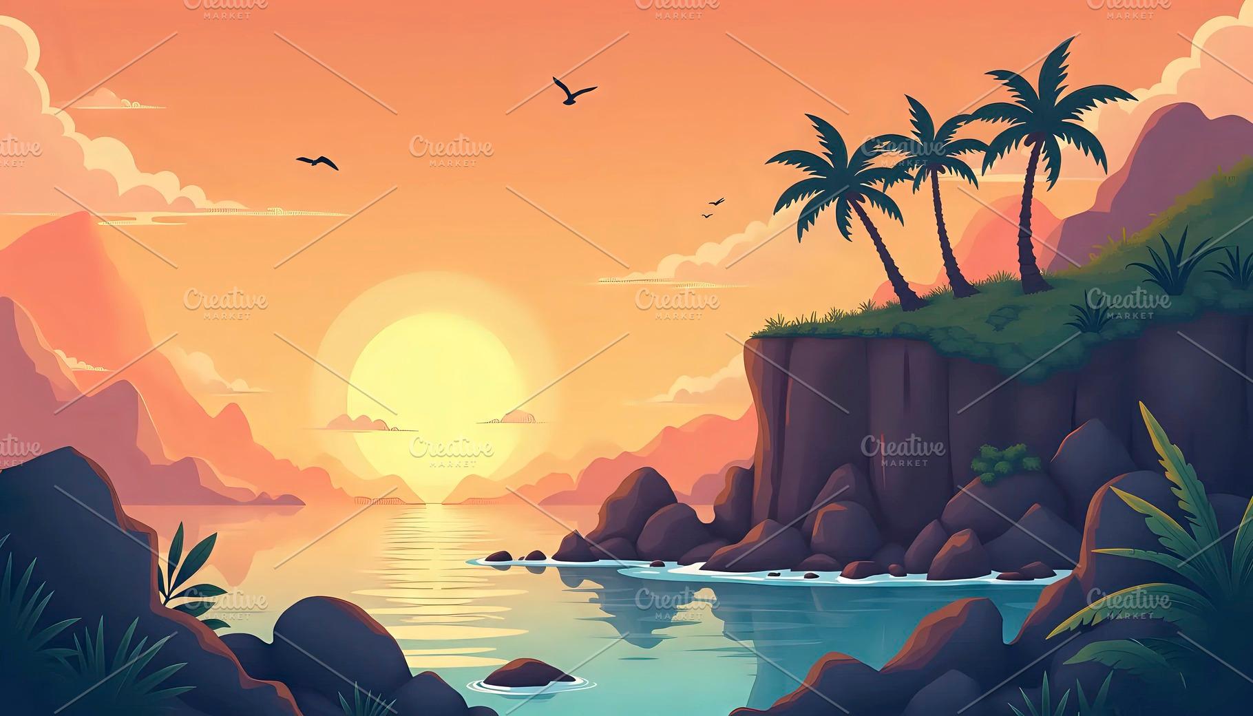 Island Cliff With Ocean Sunset Panor, a Photo by LOGOCREATIVE