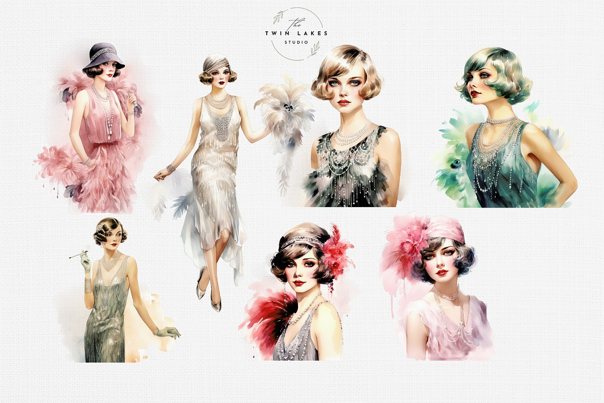 Watercolor Flapper Girls Clipart Set, a Person Illustration by The Twin Lakes Studio (Photo 7 of 11)