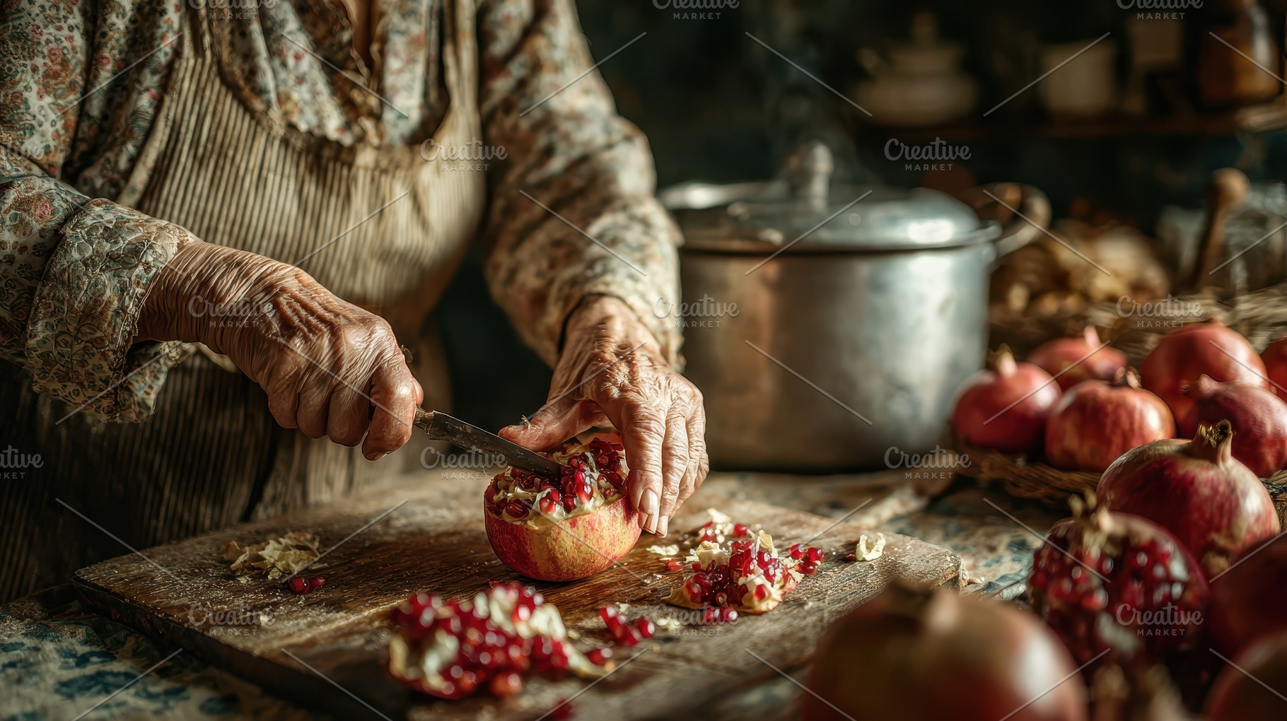 Elderly woman's hands cutting pomegr, a Photo by Pixeness Studio