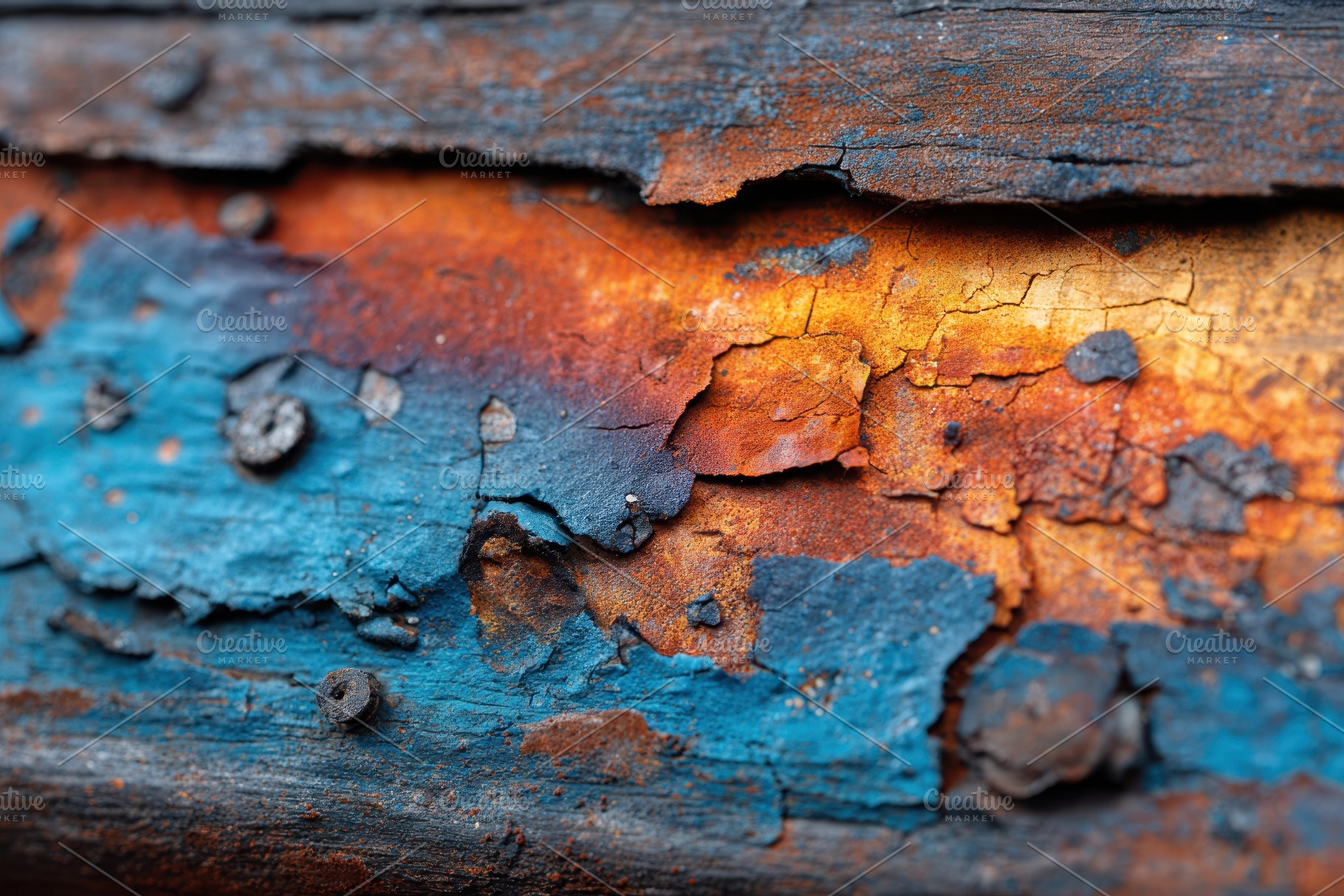 Peeling blue and orange paint on rusted wood, a Background Photo by AlyaAnd