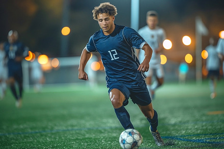 A young male athlete in dark blue soccer gear sprints on the fie, a Sports & Recreation Photo by ImageMir