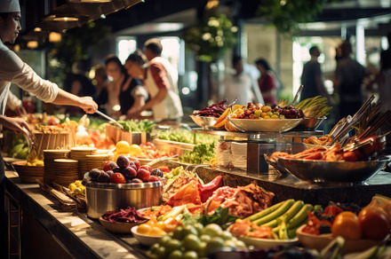 Enjoying buffet in restaurant, with, a Photo by SaroStock