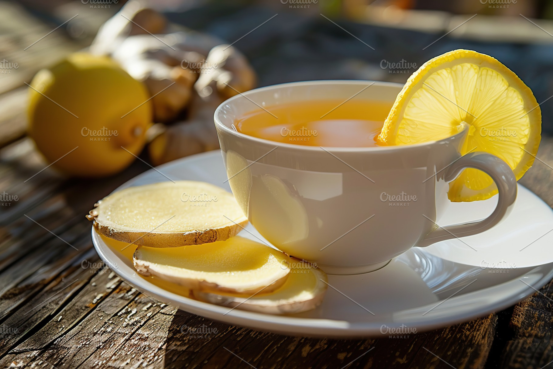 Cup of ginger tea with sliced ginger root on wooden table, a Food & Drink Photo by AlyaAnd