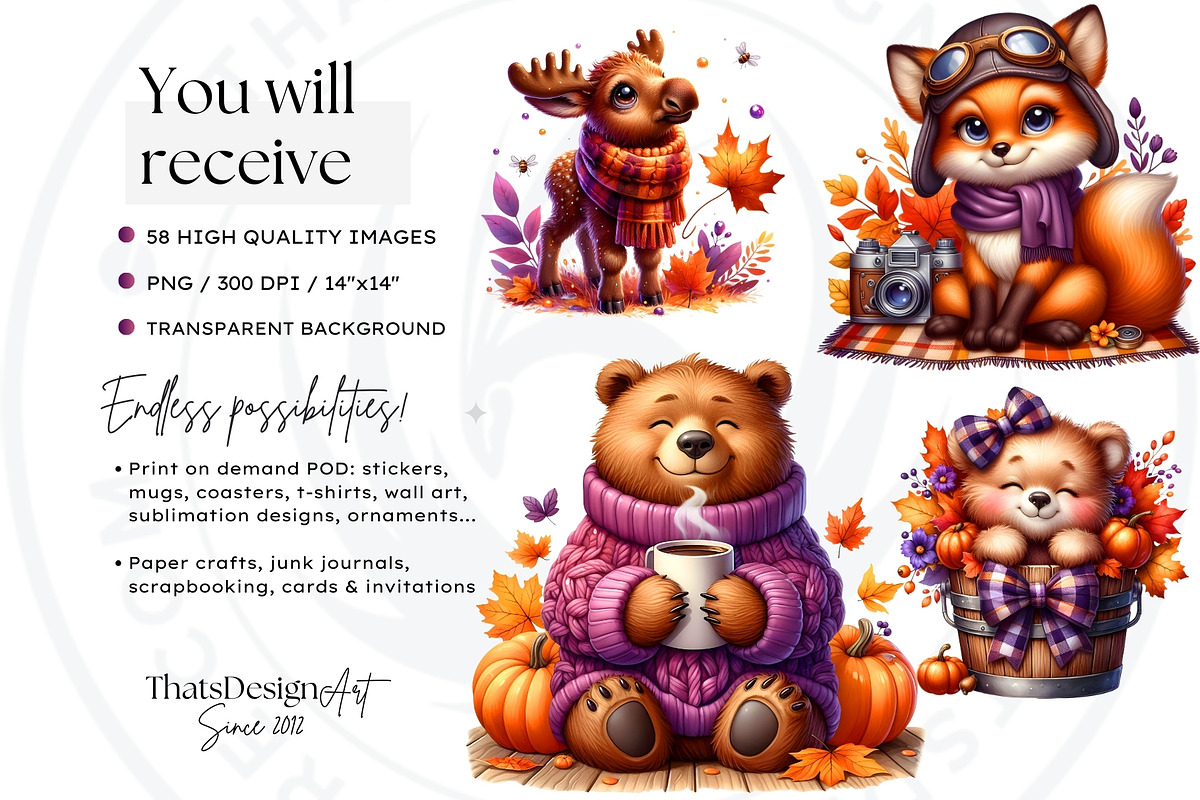 Autumn Cute animals Clipart Set, a Seasonal Illustration by ThatsDesignArt (Photo 2 of 10)