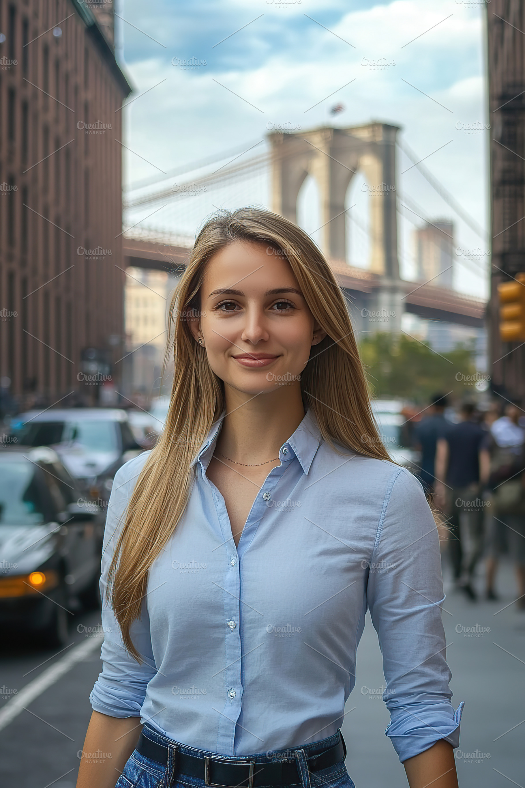 Smiling woman poses confidently on street with Brooklyn Bridge backdrop in New, a Person Photo by AlyaAnd