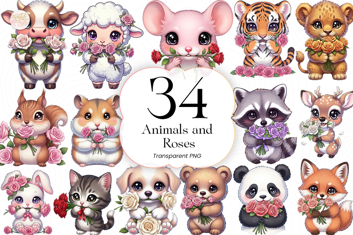 Animals and Roses PNG Clipart Floral, an Animal Illustration by KennedyStudio (Photo 1 of 5)
