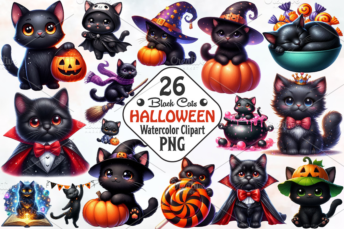 Cute Halloween Black Cats Clipart, an Animal Illustration by RobertsArt