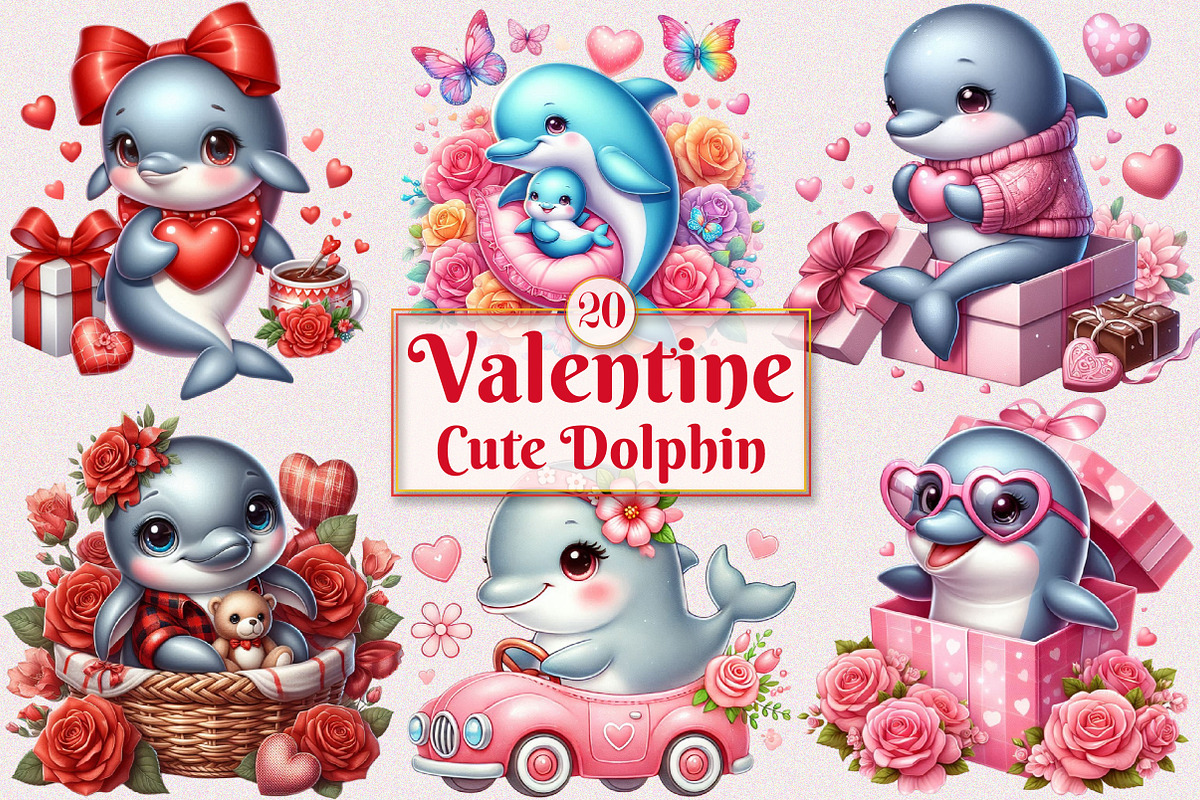 Valentine Cute Dolphin Clipart, a Seasonal Illustration by Craft Nest (Photo 1 of 5)