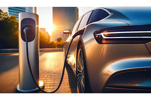 A sleek electric car charging at a, a Technology Photo by Igor Tichonow