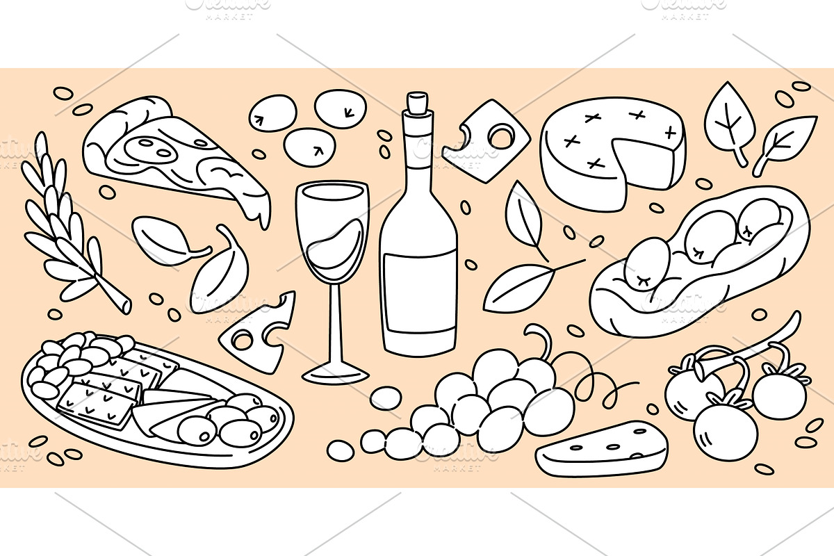 Hand drawn wine and pizza, a Food Illustration by art PVP - market