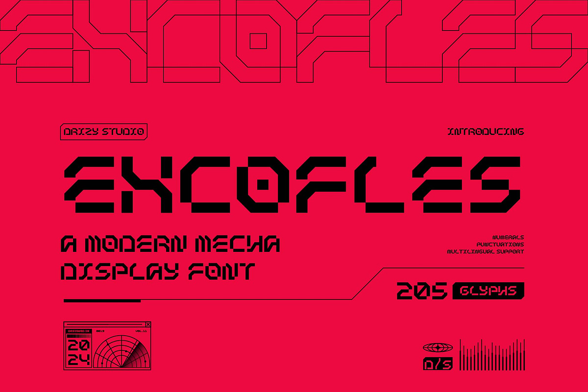 Excofles – Modern Mecha Display Font, a Sans Serif Font by Drizy (Photo 1 of 10)