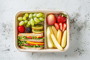 School lunch box with tasty sandwiches and fruits, a Food & Drink Photo by AlyaAnd