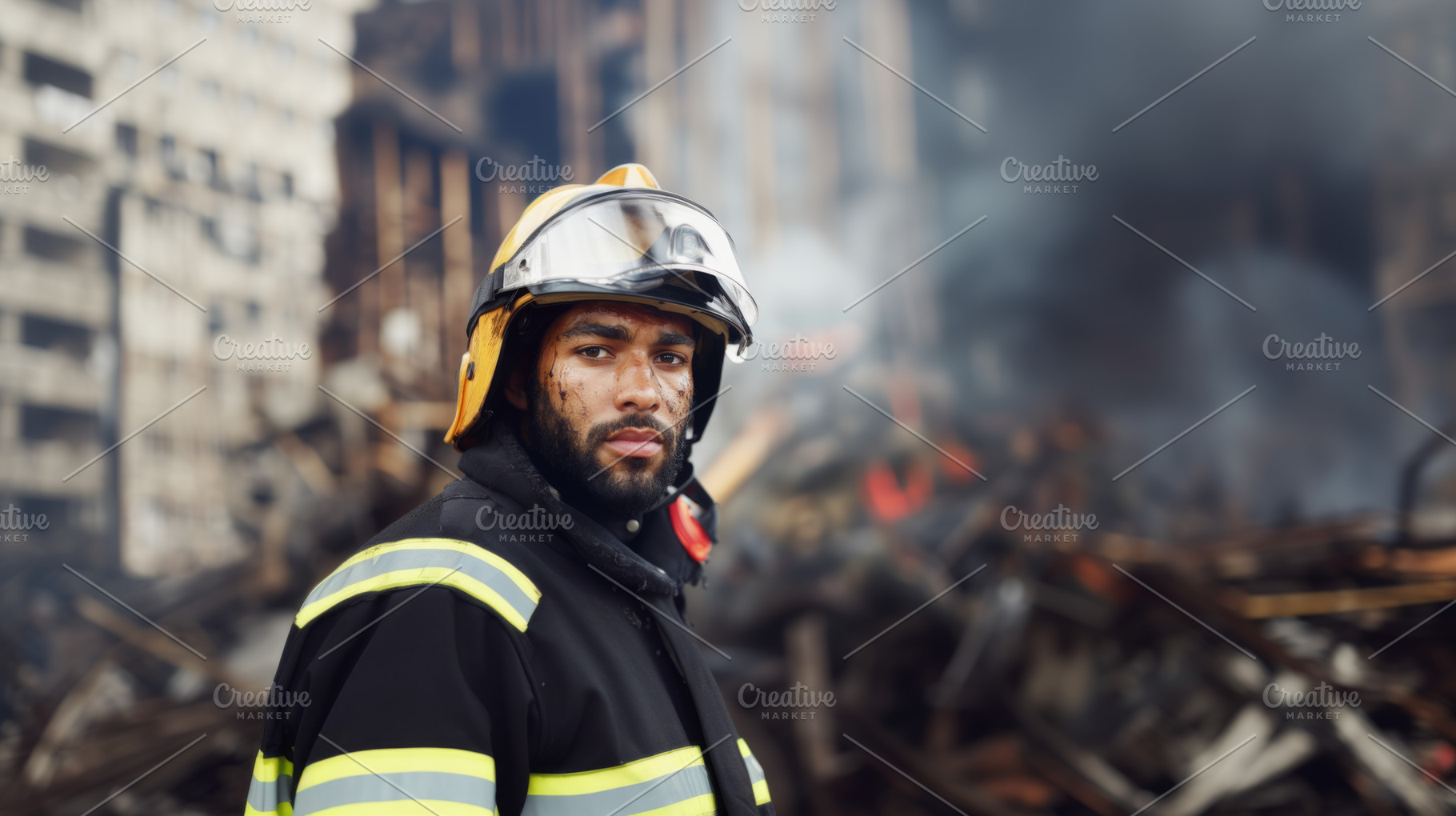 Firefighter facing camera with determined expression, emergency, a Photo by Dvoevnore photos