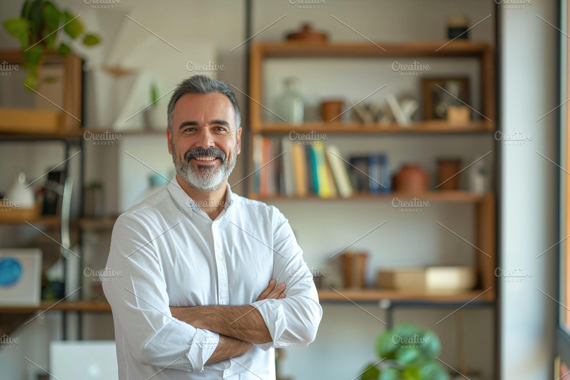 Portrait of mature businessman in home office, a Photo by AlyaAnd