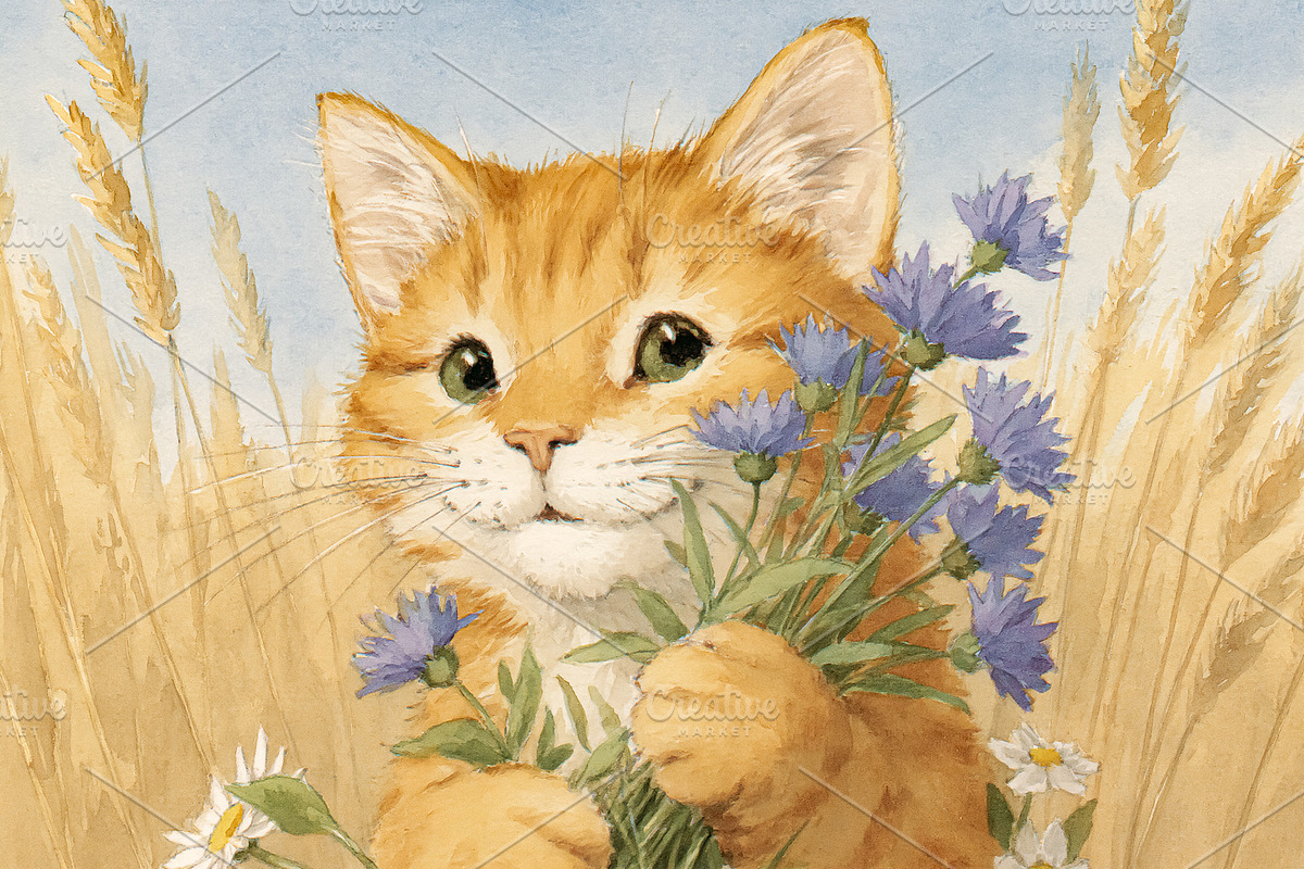 Cute ginger kitten holding a bouquet of blue cornflowers in a su, an Illustration by Studio ANNA