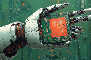 Futuristic Robotic Hand Holding A Circuit Board In A Tech Environment