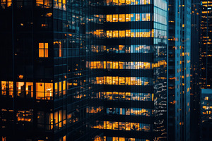 Night Cityscape Illuminated Office T, a Photo by Pixeness Studio