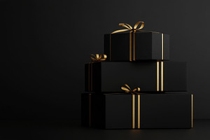 Decorative black gift boxes with gol, a Photo by Tanuart