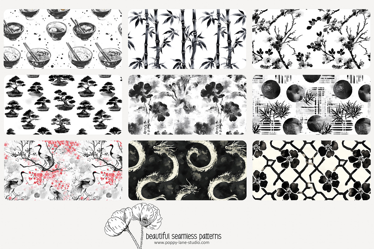 70 Asian ink wash seamless pattern, a Pattern Graphic by Poppy Lane Studio (Photo 2 of 10)