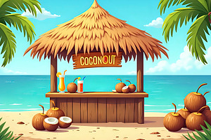 Coconut Stand On Island With Tiki Hu, a Photo by LOGOCREATIVE
