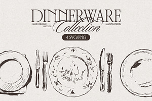 Dinnerware Table Setting Sketches, a Food Illustration by TheMountBirdStudio
