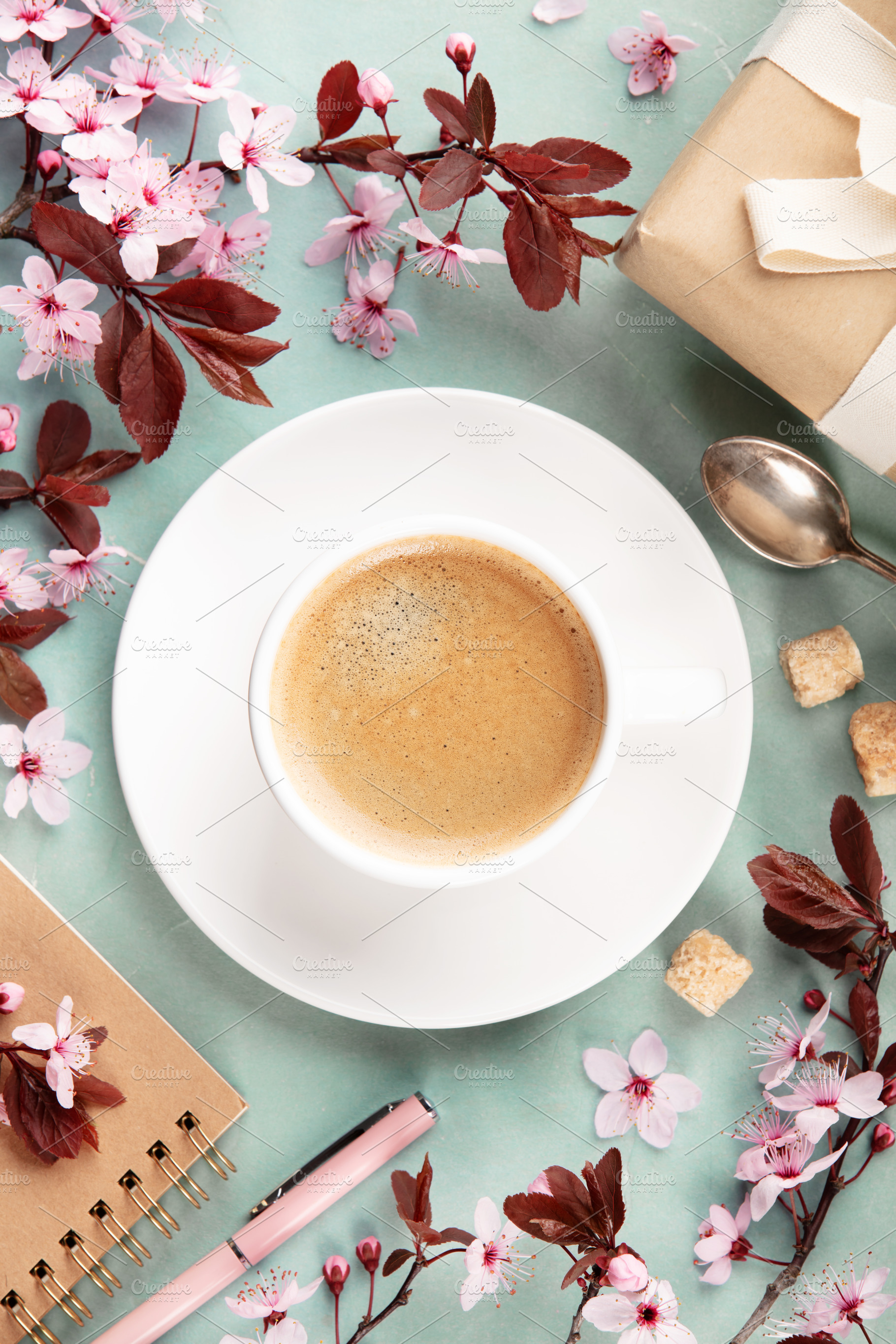 Spring Coffee Flat Lay with Blossoms, Gift and Notebook, a Food & Drink Photo by Natalia Klenova's Shop