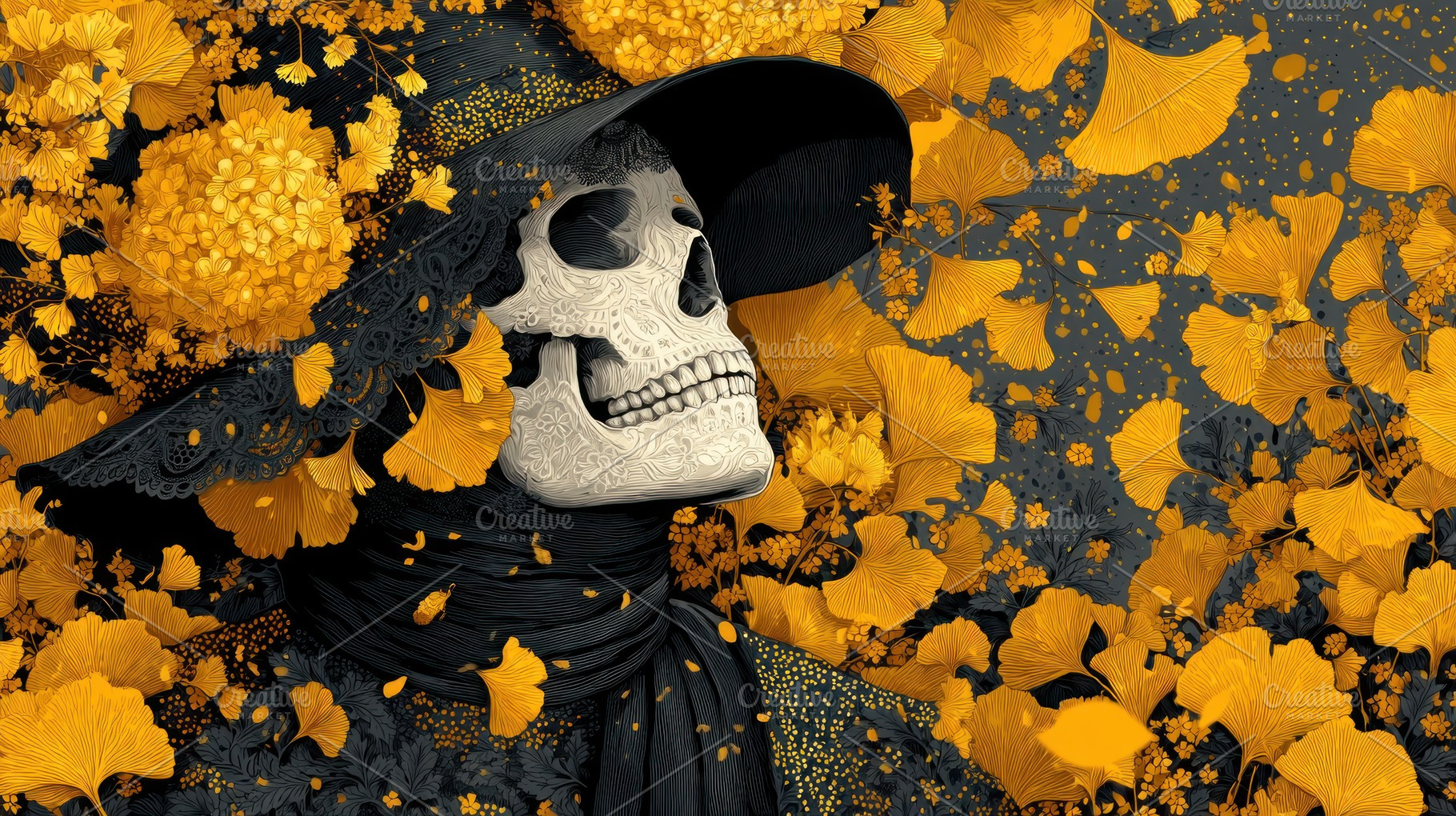 Elegant skeleton with floral engravings wearing a black hat and, a Holiday Photo by José Manuel Gelpi