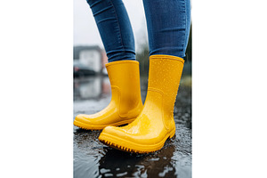 Yellow rain boots on wet pavement in, a Nature Photo by Lermont51