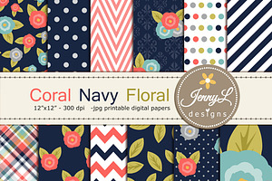 Coral Navy Floral Digital Papers, a Pattern Graphic by JennyL Designs