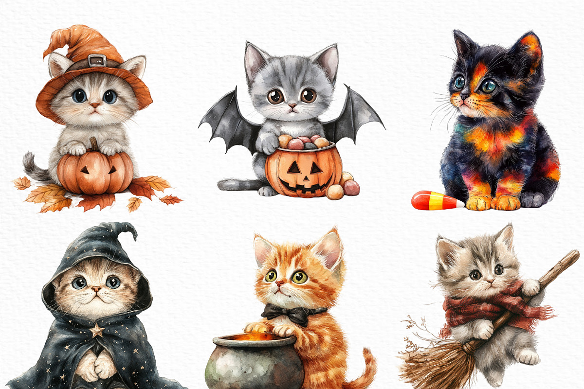 Watercolor Halloween Kitten Clipart, an Illustration by Craft Nest (Photo 5 of 6)