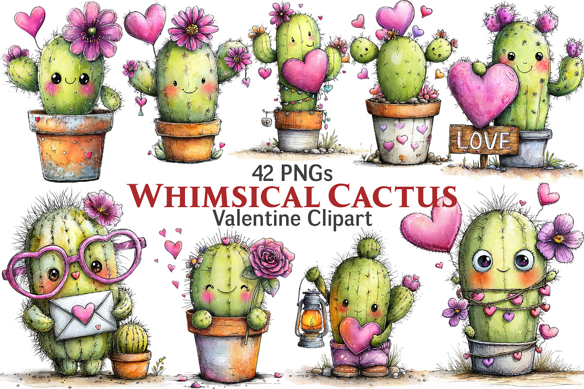 Cactus Valentine's Day Clipart, an Illustration by Pixels.Craft (Photo 1 of 5)