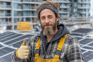 Confident solar panel installer with beard and headband giving t, a Person Photo by José Manuel Gelpi
