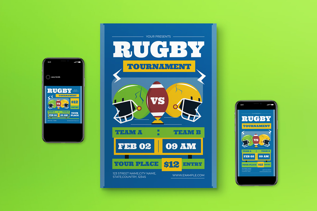 Retro Rugby Tournament Flyer Set, a Flyer Template by graphicook