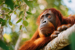 Young orangutan resting on a tree branch, an Animal Photo by AlyaAnd